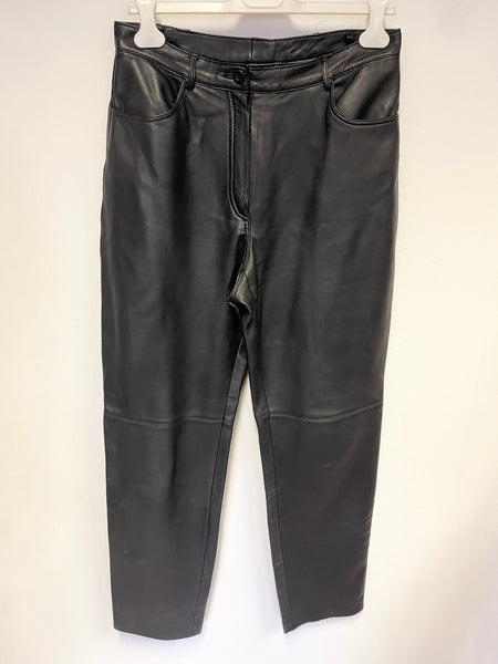 BETTY BARCLAY LEATHER BLACK HIGH RISE TAPERED LEG TROUSERS SIZE 16 BUT SMALL FIT MORE UK 12/14