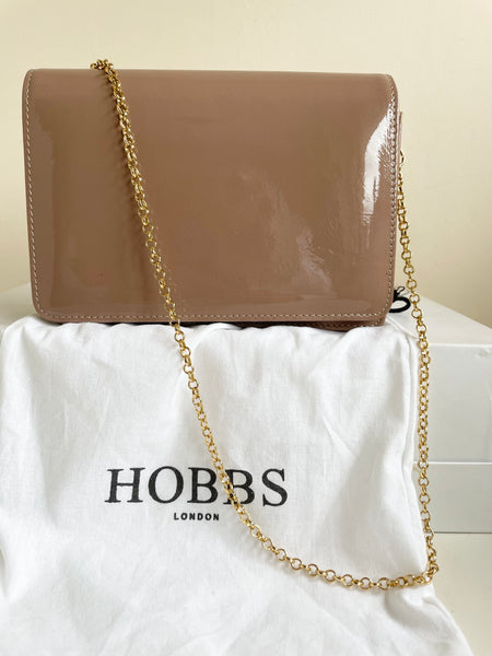 HOBBS CAMEL PATENT LEATHER CHAIN SHOULDER/CLUTCH BAG