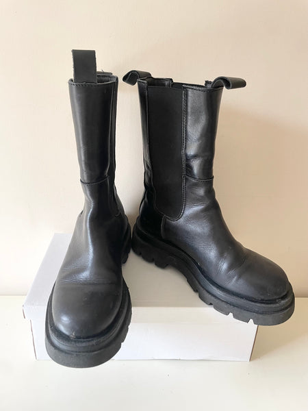 ALPE BLACK LEATHER CHUNKY SOLE HIGH CHELSEA BOOTS SIZE 6/39