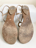 LK BENNETT BEIGE LEATHER & SILVER DIAMANTE TRIM TOE POST FLAT SANDALS  SIZE 6/39