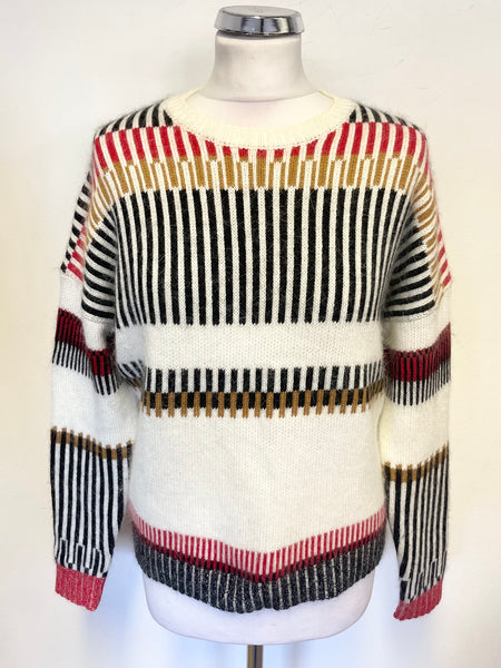 MAJE IVORY & MULTI COLOURED STRIPE PATTERN LONG SLEEVE JUMPER SIZE 1 UK S