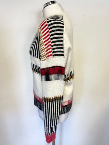 MAJE IVORY & MULTI COLOURED STRIPE PATTERN LONG SLEEVE JUMPER SIZE 1 UK S