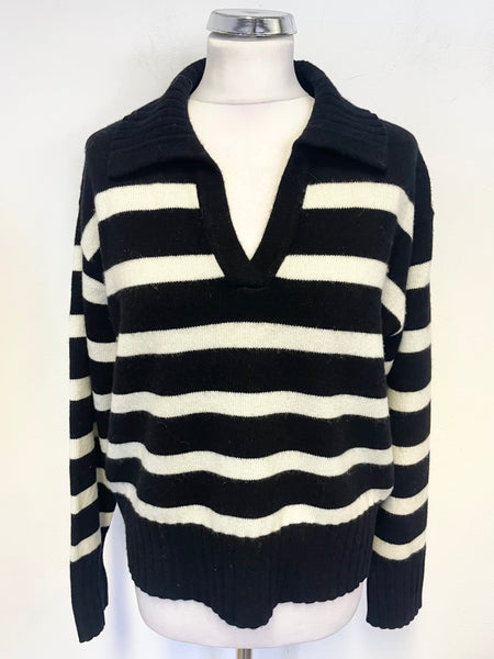 LILYSILK BLACK & WHITE STRIPED COLLARED V NECK LONG SLEEVED JUMPER SIZE S