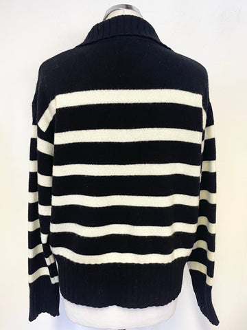 LILYSILK BLACK & WHITE STRIPED COLLARED V NECK LONG SLEEVED JUMPER SIZE S