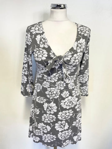 LK BENNETT GREY & WHITE FLORAL PRINT STRETCH JERSEY 3/4 SLEEVED TOP SIZE 8