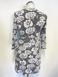 LK BENNETT GREY & WHITE FLORAL PRINT STRETCH JERSEY 3/4 SLEEVED TOP SIZE 8