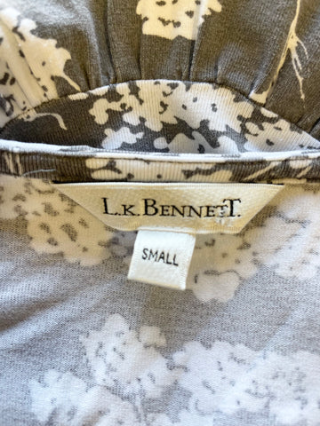 LK BENNETT GREY & WHITE FLORAL PRINT STRETCH JERSEY 3/4 SLEEVED TOP SIZE 8