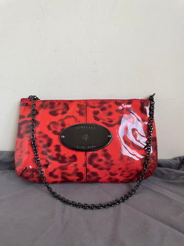 NEW MULBERRY ORANGE ANIMAL PRINT PATENT LEATHER SMALL CLUTCH BAG WITH CHAIN STRAP