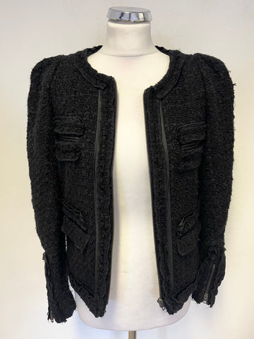 MAJE AZNAVOUR BLACK BOUCLE ZIP FRONT LONG SLEEVED BOX JACKET SIZE 38 UK 10