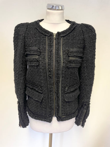 MAJE AZNAVOUR BLACK BOUCLE ZIP FRONT LONG SLEEVED BOX JACKET SIZE 38 UK 10