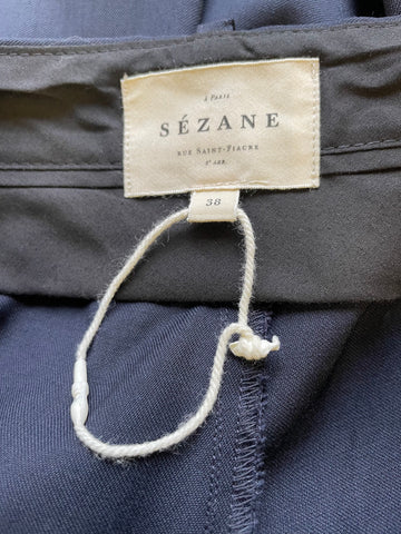 SEZANE NAVY MERINO WOOL MID RISE, TAPERED LEG TROUSERS SIZE 38 UK 10