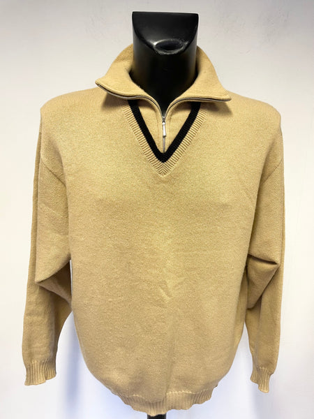 DUNHILL LINKS 100% CASHMERE CAMEL ZIP NECK LONG SLEEVED JUMPER SIZE XL