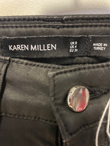 BRAND NEW KAREN MILLEN BLACK WAX COATED ANKLE ZIP SKINNY LEG JEANS SIZE 8