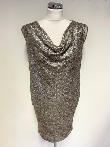 ETXART & PANNO SILVER SEQUINNED COWL NECK SPECIAL OCCASION SHIFT DRESS SIZE L