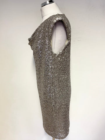 ETXART & PANNO SILVER SEQUINNED COWL NECK SPECIAL OCCASION SHIFT DRESS SIZE L