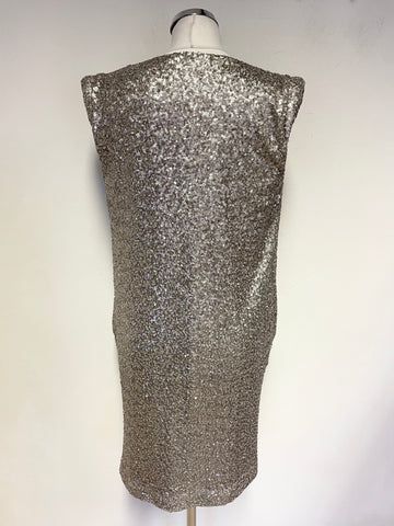 ETXART & PANNO SILVER SEQUINNED COWL NECK SPECIAL OCCASION SHIFT DRESS SIZE L