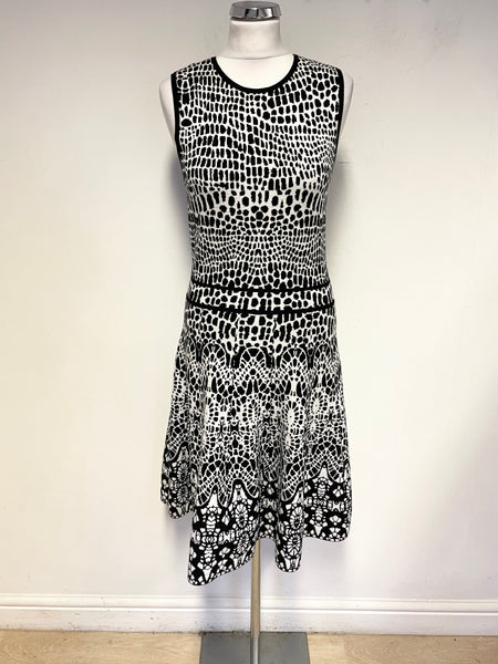 KAREN MILLEN BLACK & WHITE PRINT ROUND NECK SLEEVELESS FIT & FLARE DRESS SIZE 4 UK 12/14