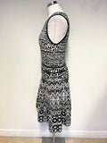 KAREN MILLEN BLACK & WHITE PRINT ROUND NECK SLEEVELESS FIT & FLARE DRESS SIZE 4 UK 12/14