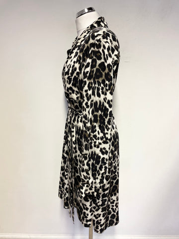 DIANE VON FÜRSTENBERG BROWN LEOPARD PRINT 100% SILK LONG SLEEVE SHIRT DRESS SIZE 12