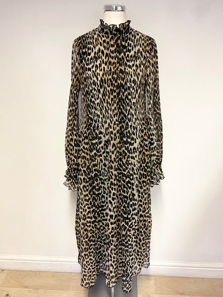 GANNI BLACK & BROWN LEOPARD PRINT LONG SLEEVED MAXI DRESS SIZE 34 UK 8