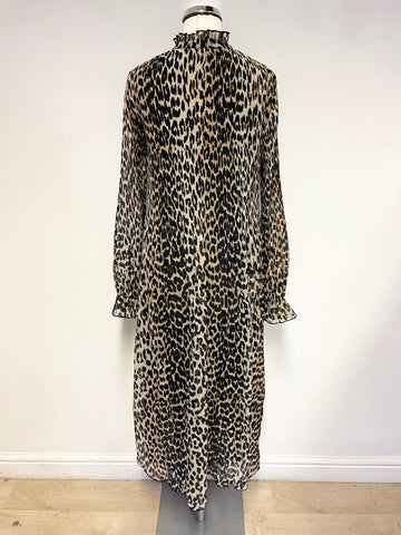 GANNI BLACK & BROWN LEOPARD PRINT LONG SLEEVED MAXI DRESS SIZE 34 UK 8