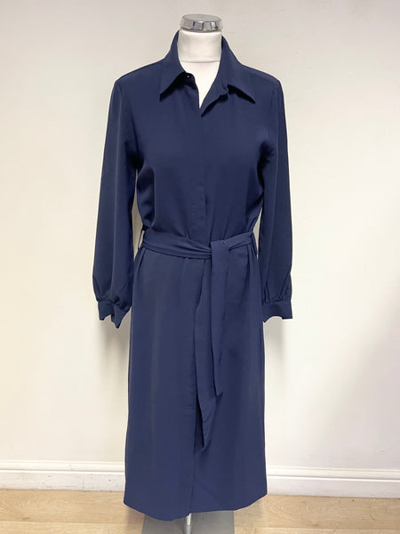 THE SHIRT COMPANY NAVY BLUE LONG SLEEVED BELTED MIDI SHIRT DRESS SIZE 8