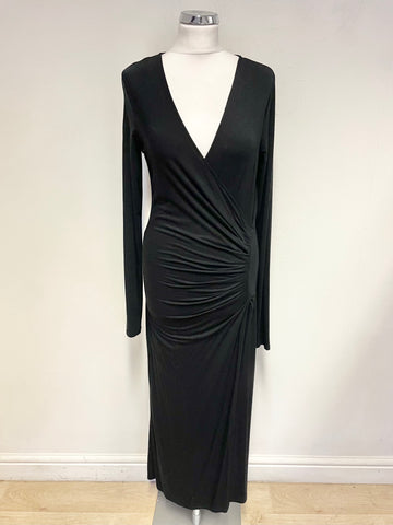 LONG TALL SALLY BLACK JERSEY WRAP ACROSS LONG SLEEVED MIDI DRESS SIZE 12