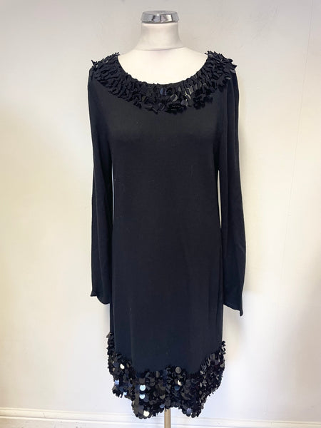 PHASE EIGHT BLACK KNIT LARGE SEQUIN TRIMMED DRESS SIZE 14