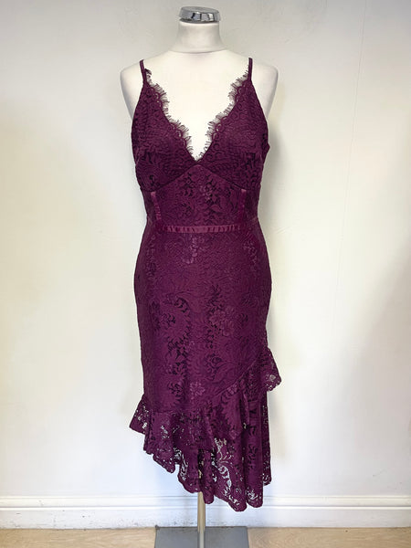 LIPSY BURGUNDY LACE FINE STRAP ASYMMETRIC FRILL HEM SPECIAL OCCASION DRESS SIZE 12