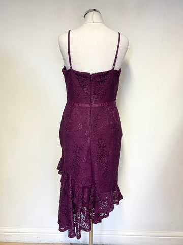 LIPSY BURGUNDY LACE FINE STRAP ASYMMETRIC FRILL HEM SPECIAL OCCASION DRESS SIZE 12