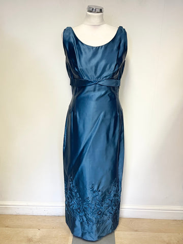 LEODIAN TEAL SATIN EMBROIDERED SCOOP NECK SLEEVELESS LONG EVENING DRESS SIZE 38 UK 10