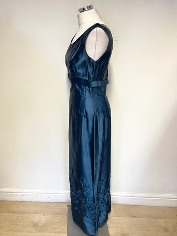 LEODIAN TEAL SATIN EMBROIDERED SCOOP NECK SLEEVELESS LONG EVENING DRESS SIZE 38 UK 10