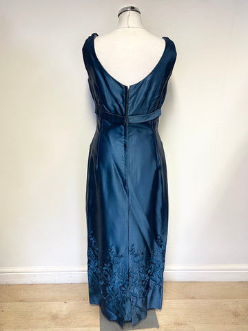 LEODIAN TEAL SATIN EMBROIDERED SCOOP NECK SLEEVELESS LONG EVENING DRESS SIZE 38 UK 10