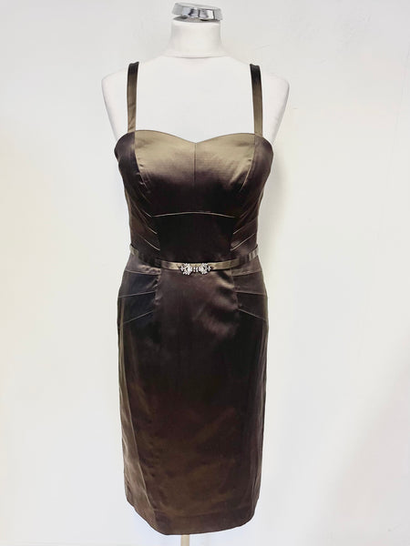 BRAND NEW FRANK USHER BROWN SATIN DIAMANTÉ TRIM FINE STRAP SPECIAL OCCASION DRESS  SIZE 12