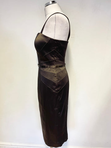 BRAND NEW FRANK USHER BROWN SATIN DIAMANTÉ TRIM FINE STRAP SPECIAL OCCASION DRESS  SIZE 12