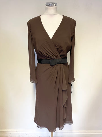 BRAND NEW WITH TAGS FRANK USHER BROWN DRAPED WRAP LONG SLEEVED DRESS SIZE 12