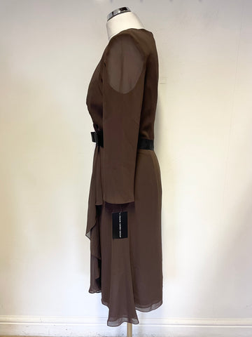 BRAND NEW WITH TAGS FRANK USHER BROWN DRAPED WRAP LONG SLEEVED DRESS SIZE 12