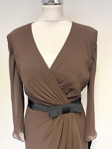 BRAND NEW WITH TAGS FRANK USHER BROWN DRAPED WRAP LONG SLEEVED DRESS SIZE 12