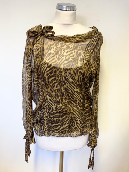 KAREN MILLEN BROWN LEOPARD PRINT 100% SILK LONG SLEEVED TOP SIZE 12