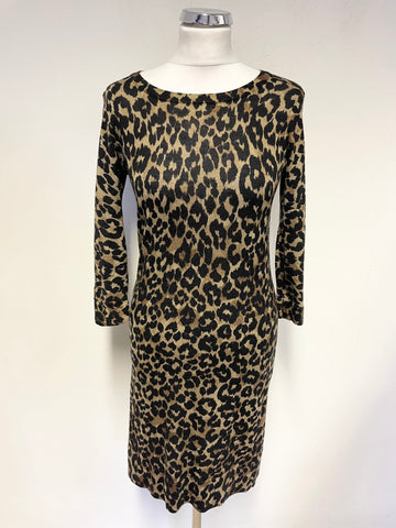 HOBBS 100% WOOL BLACK & BROWN LEOPARD PRINT KNIT DRESS SIZE 12