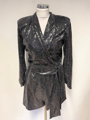 ZARA BLACK & SILVER SEQUINNED COLLARED WRAP FRONT 3/4 SLEEVE PLAYSUIT SIZE M