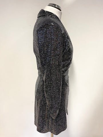 ZARA BLACK & SILVER SEQUINNED COLLARED WRAP FRONT 3/4 SLEEVE PLAYSUIT SIZE M