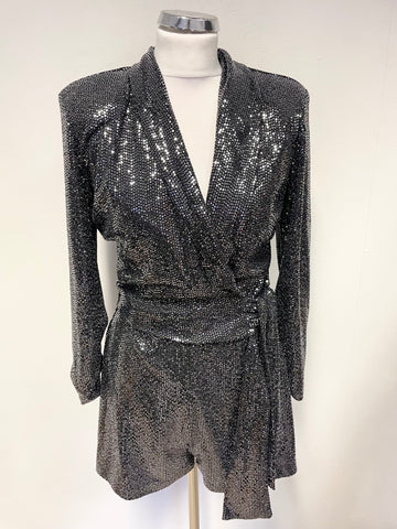 ZARA BLACK & SILVER SEQUINNED COLLARED WRAP FRONT 3/4 SLEEVE PLAYSUIT SIZE M