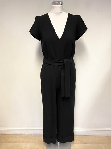 MASSIMO DUTTI BLACK V NECK CAP SLEEVED BELTED WIDE LEG JUMPSUIT SIZE 38 UK 10