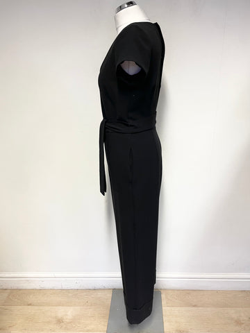 MASSIMO DUTTI BLACK V NECK CAP SLEEVED BELTED WIDE LEG JUMPSUIT SIZE 38 UK 10