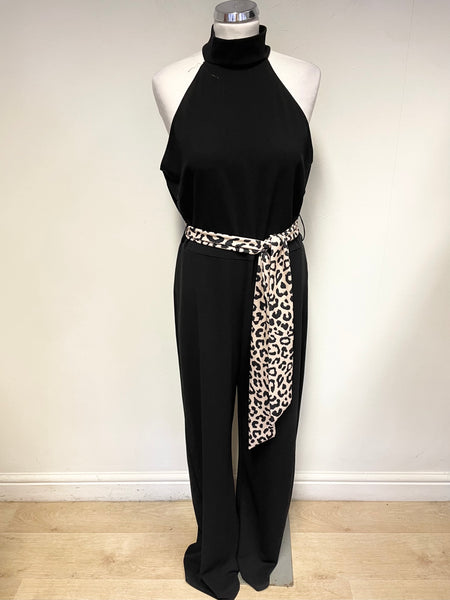 BRAND NEW LIPSY BLACK SLEEVELESS LEOPARD PRINT BELT WIDE LEG JUMPSUIT SIZE 16