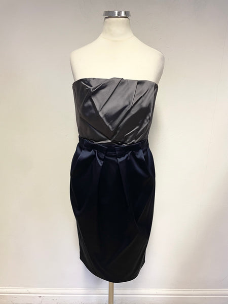 REISS SHARLA PEWTER & NAVY BLUE STRAPLESS OCCASION DRESS SIZE 10