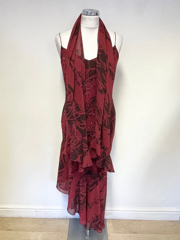 AFTER SIX BY ROLAND JOYCE BURGUNDY STRAPPY BEADED SPECIAL OCCASION DRESS &MATCHING WRAP/ SCARF SIZE 10