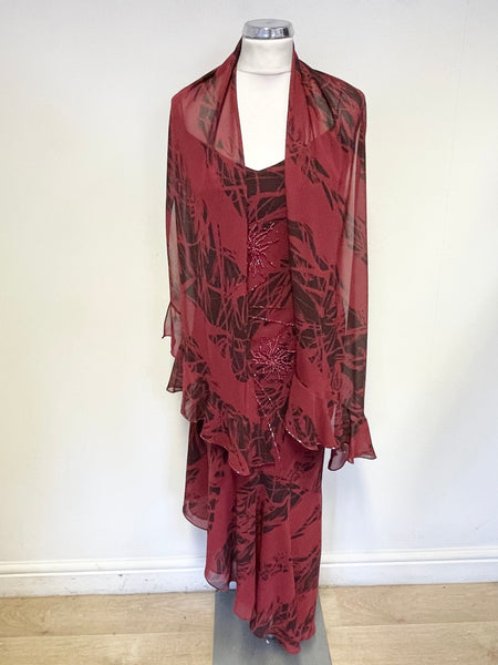 AFTER SIX BY ROLAND JOYCE BURGUNDY STRAPPY BEADED SPECIAL OCCASION DRESS &MATCHING WRAP/ SCARF SIZE 10