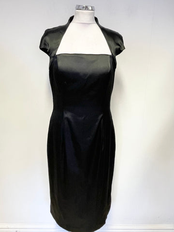 SARA BERNSHAW BLACK SATIN SQUARE NECK CAP SLEEVED PENCIL DRESS  SIZE 14